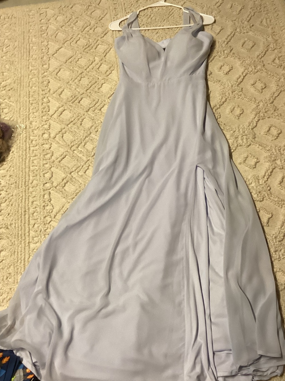 Light blue, full length, formal dress. NOT GRAY, as picture shows.